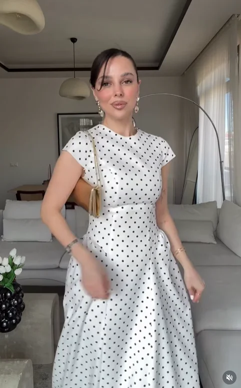 Women Elegant Polka Dot Midi Dress Casual V-neck Short Sleeve Belted Waist Puff Sleeve A Line Dresses Lady Summer Party Gowns - Image 12