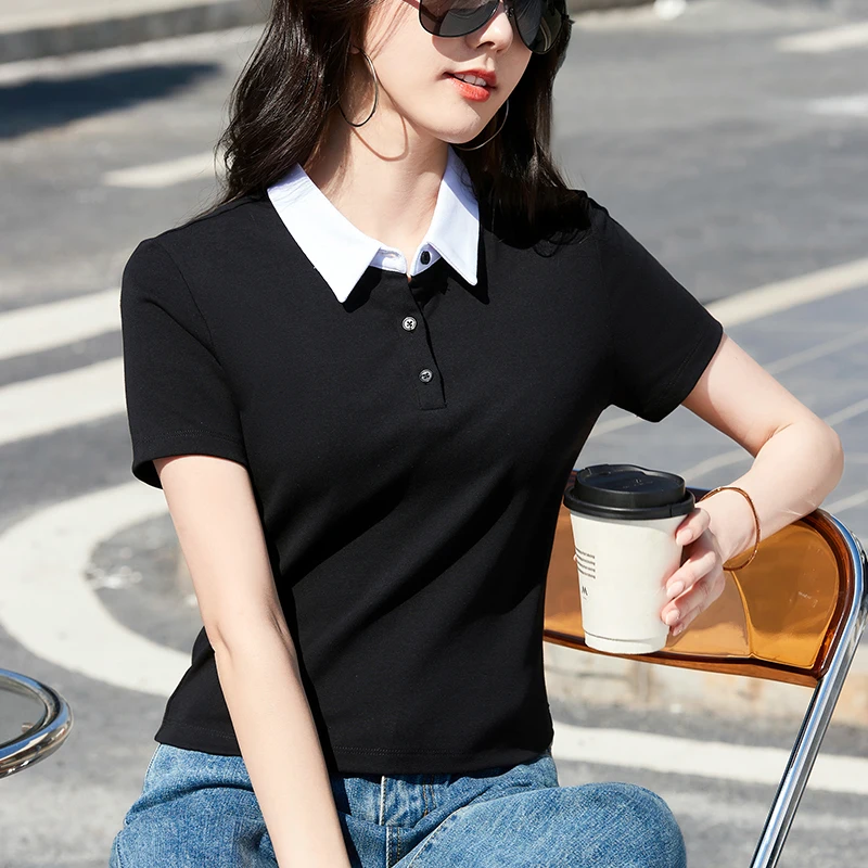 Summer New Cotton Polo Shirt Solid Color Polo Neck Short Sleeve High Waist Short Style Slim Fit Fashion Casual Women's Shirt - Image 5
