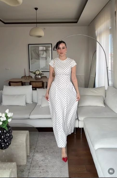 Women Elegant Polka Dot Midi Dress Casual V-neck Short Sleeve Belted Waist Puff Sleeve A Line Dresses Lady Summer Party Gowns - Image 10