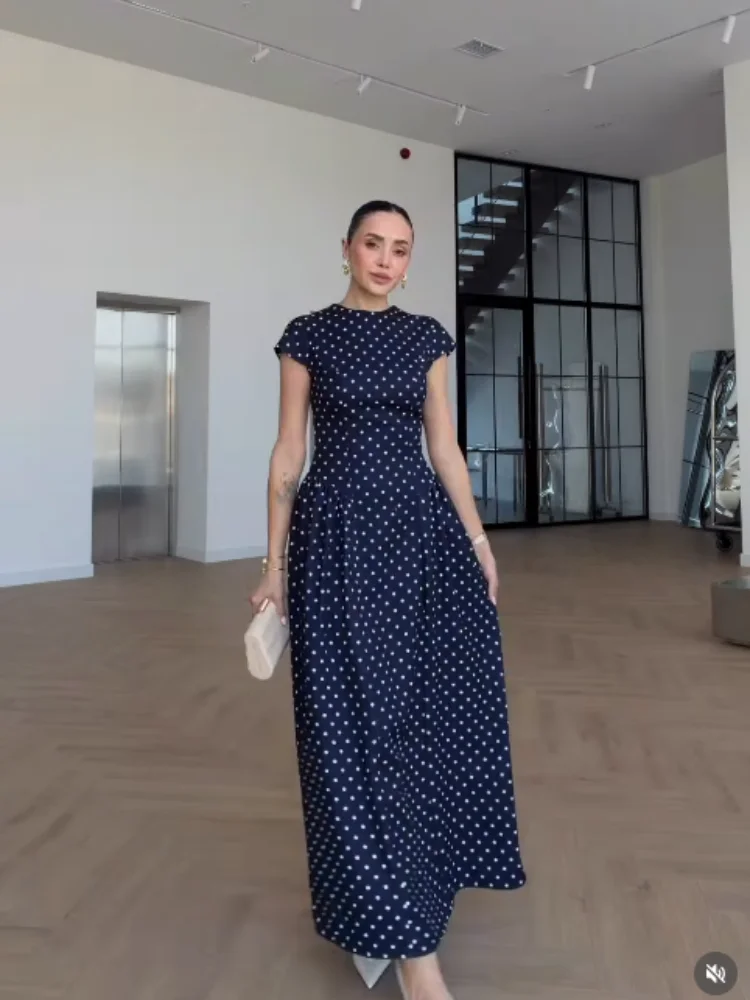 Women Elegant Polka Dot Midi Dress Casual V-neck Short Sleeve Belted Waist Puff Sleeve A Line Dresses Lady Summer Party Gowns - Image 5