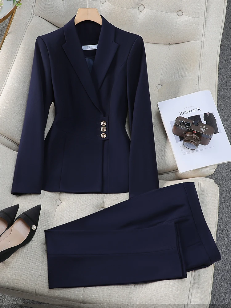 Women Pant Suit Gray Navy Black Office Ladies Female Business Work Wear 2 Piece Set Formal Blazer Jacket And Trouser