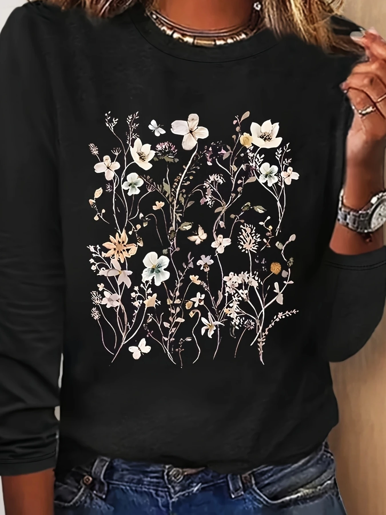 100% Cotton Women's Casual Long Sleeve Round Neck T-Shirt Black Floral Print Spring Fall Winter Ladies T Shirts