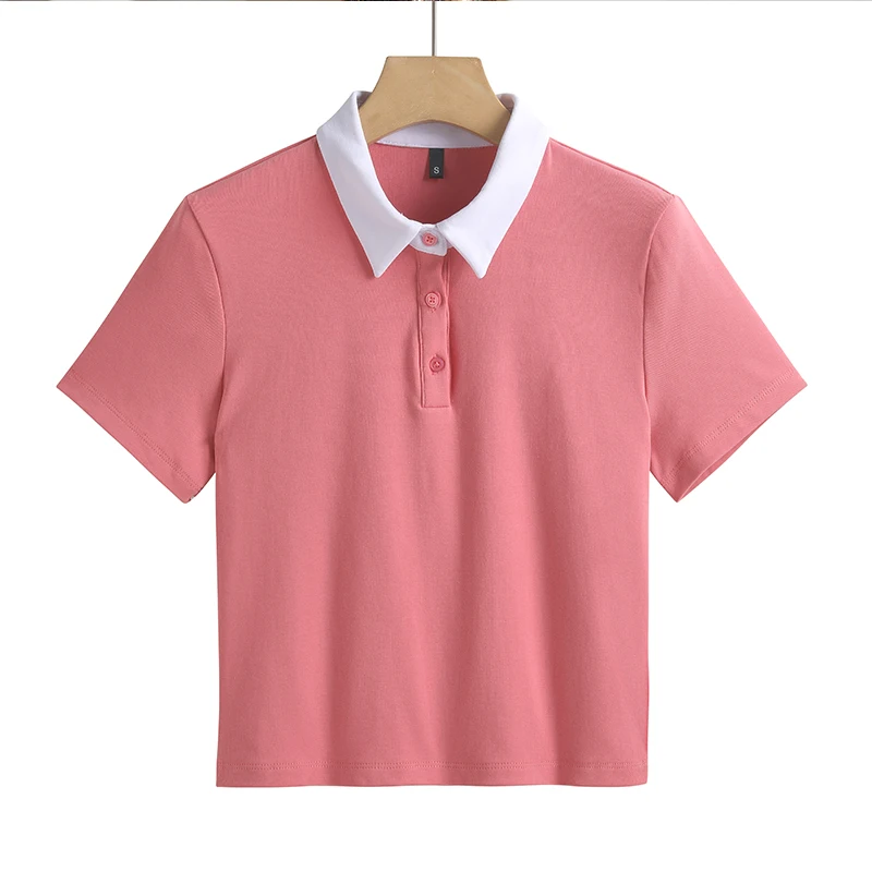 Summer New Cotton Polo Shirt Solid Color Polo Neck Short Sleeve High Waist Short Style Slim Fit Fashion Casual Women's Shirt - Image 8