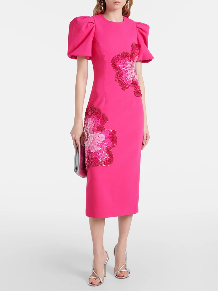 HIGH STREET Newest 2026 Designer Fashion Women’s Beaded Sequin Three-Dimensional Flower Short Sleeved Midi Dress