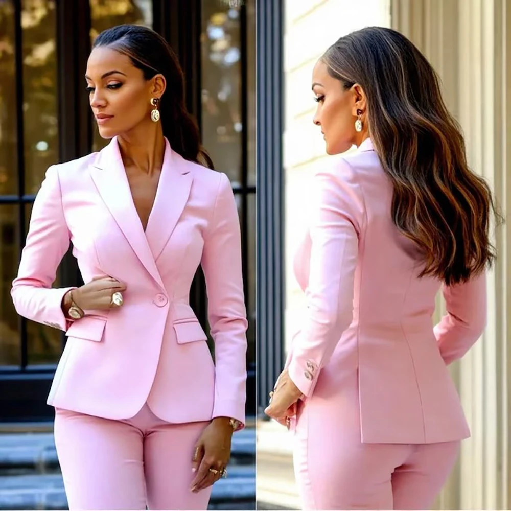 Pink Women’s Suits 2 Piece Jacket Pants Female Clothing Luxury Double Breasted Back Vent Clothing Outfits Costume