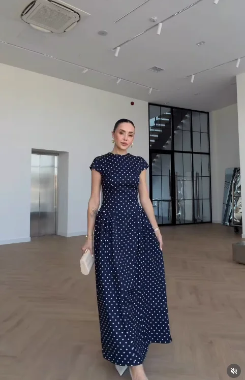 Women Elegant Polka Dot Midi Dress Casual V-neck Short Sleeve Belted Waist Puff Sleeve A Line Dresses Lady Summer Party Gowns - Image 7