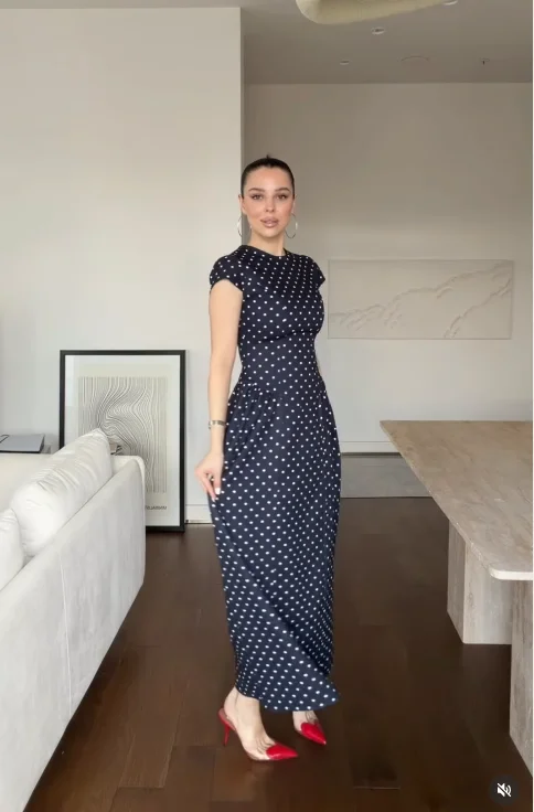 Women Elegant Polka Dot Midi Dress Casual V-neck Short Sleeve Belted Waist Puff Sleeve A Line Dresses Lady Summer Party Gowns - Image 25