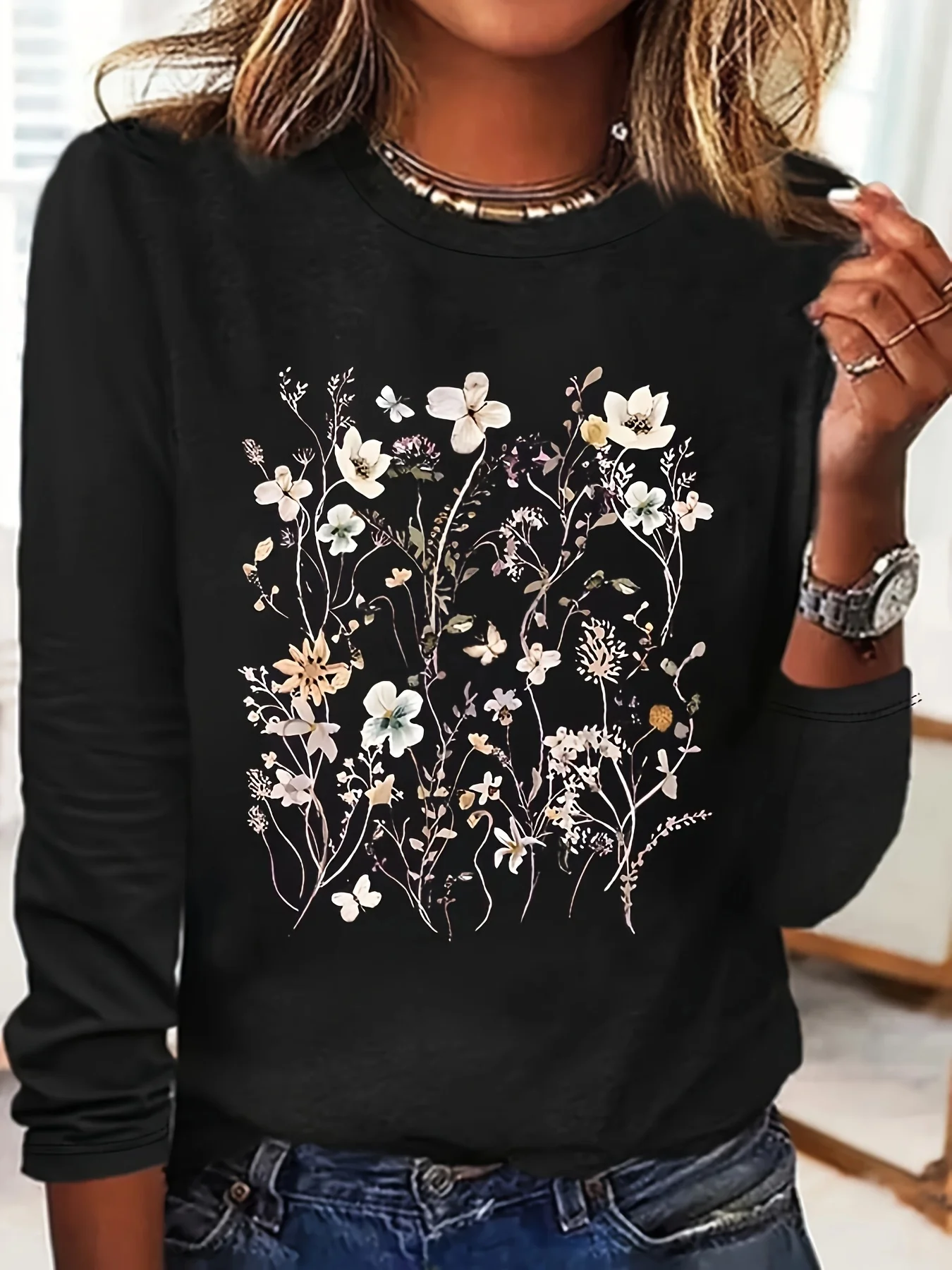 100% Cotton Women's Casual Long Sleeve Round Neck T-Shirt Black Floral Print Spring Fall Winter Ladies T Shirts - Image 2