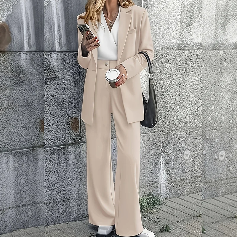 Women’s Solid Color 2-Piece Suit Set Formal Wide-Leg Pants Suit with Pockets