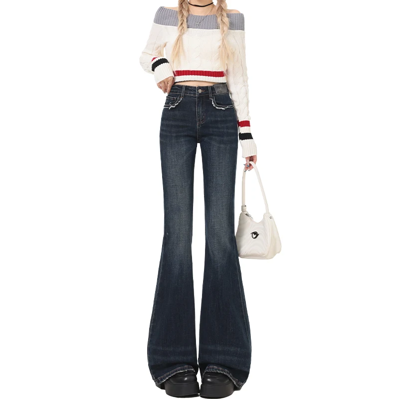 Brand New Sweet and Cool Retro Style High Waisted Flared Jeans With Pockets and Raw Edges Jeans - Image 5