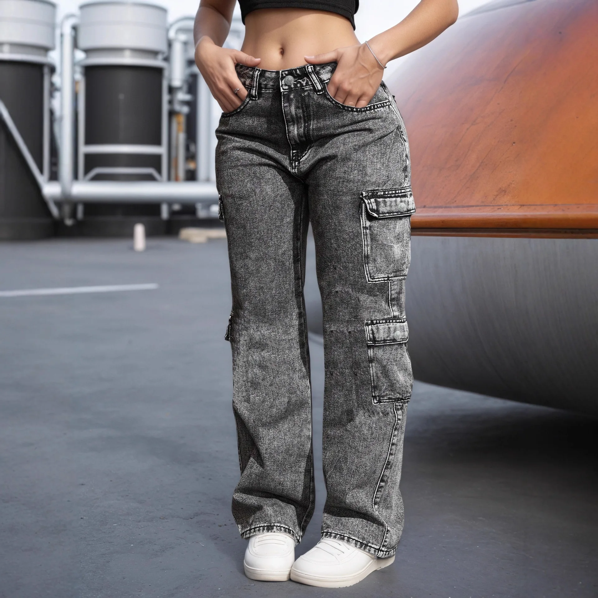 Simple Fashion Multi-Pocket Workwear Jeans High Waist Straight Leg Denim Pants Comfortable Casual Style for Commuting
