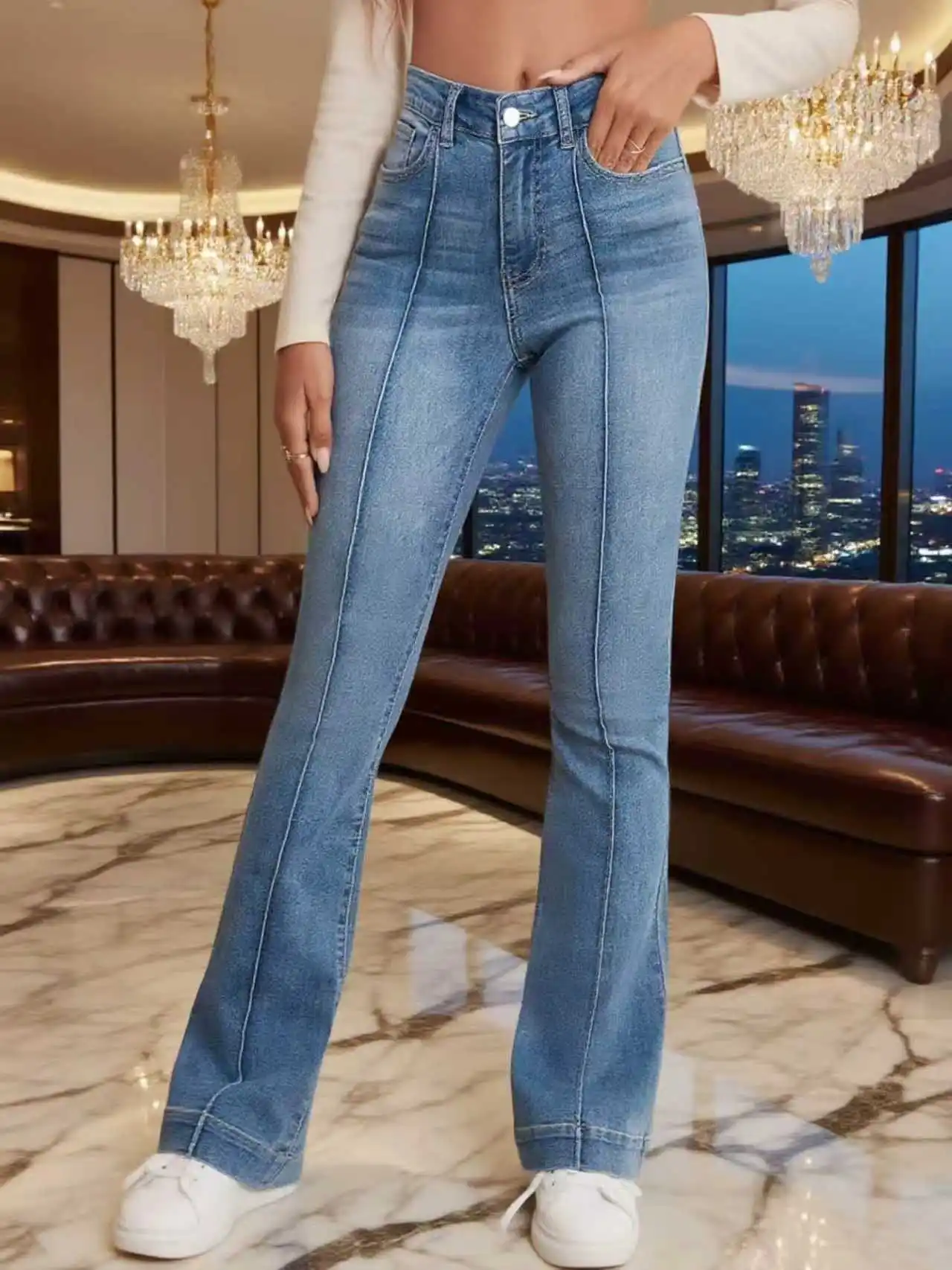New Stretch Womens Flared Jeans Seam Detail Simple Design Versatile Slimming Bootcut Trousers Women’s pants Jeans French