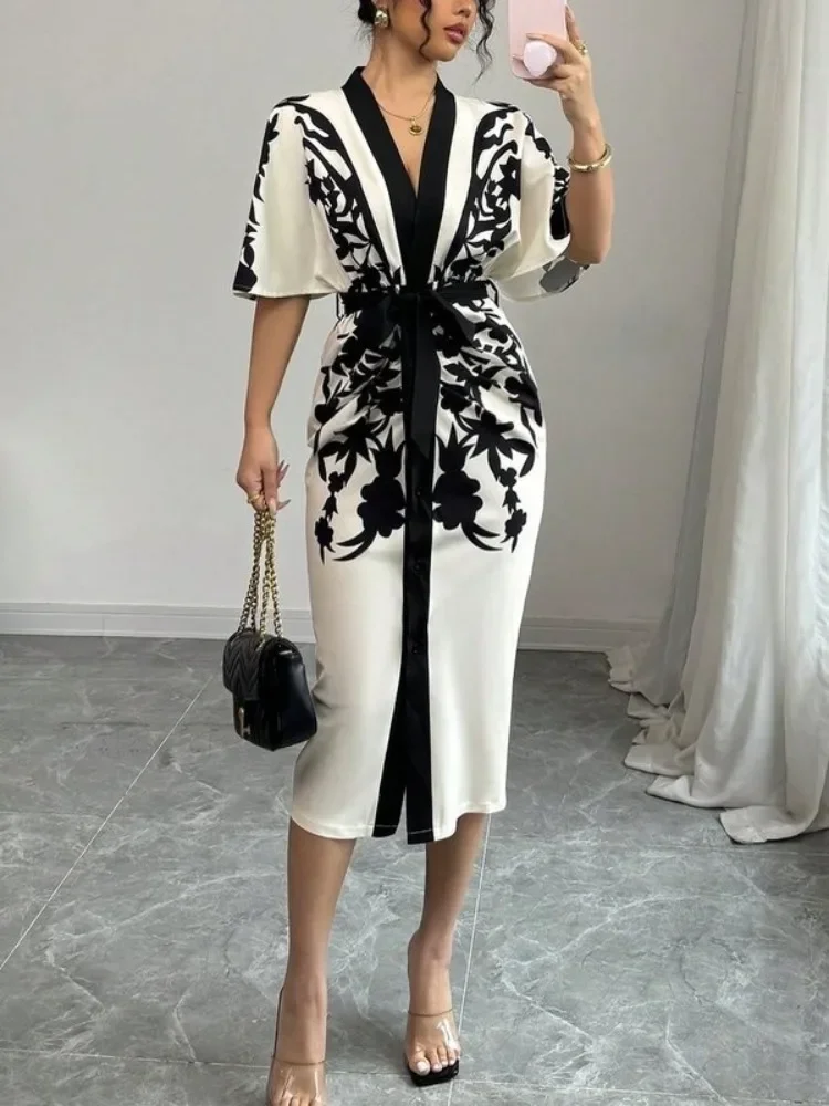 Office Ladies A-line New Summer Half Sleeves V-Neck Tied Waist Flower Printed Evening Midi Dresses