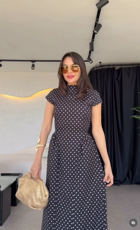 Women Elegant Polka Dot Midi Dress Casual V-neck Short Sleeve Belted Waist Puff Sleeve A Line Dresses Lady Summer Party Gowns - Image 28