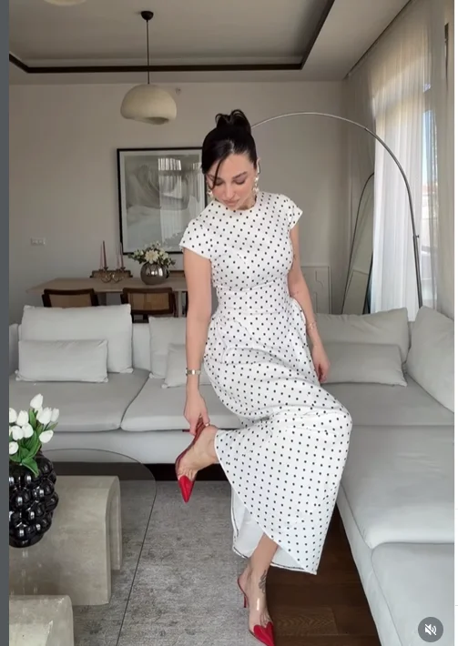 Women Elegant Polka Dot Midi Dress Casual V-neck Short Sleeve Belted Waist Puff Sleeve A Line Dresses Lady Summer Party Gowns - Image 11