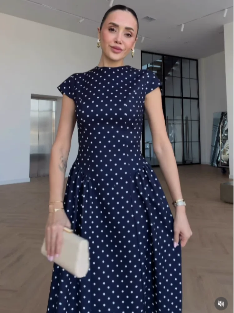 Women Elegant Polka Dot Midi Dress Casual V-neck Short Sleeve Belted Waist Puff Sleeve A Line Dresses Lady Summer Party Gowns - Image 4