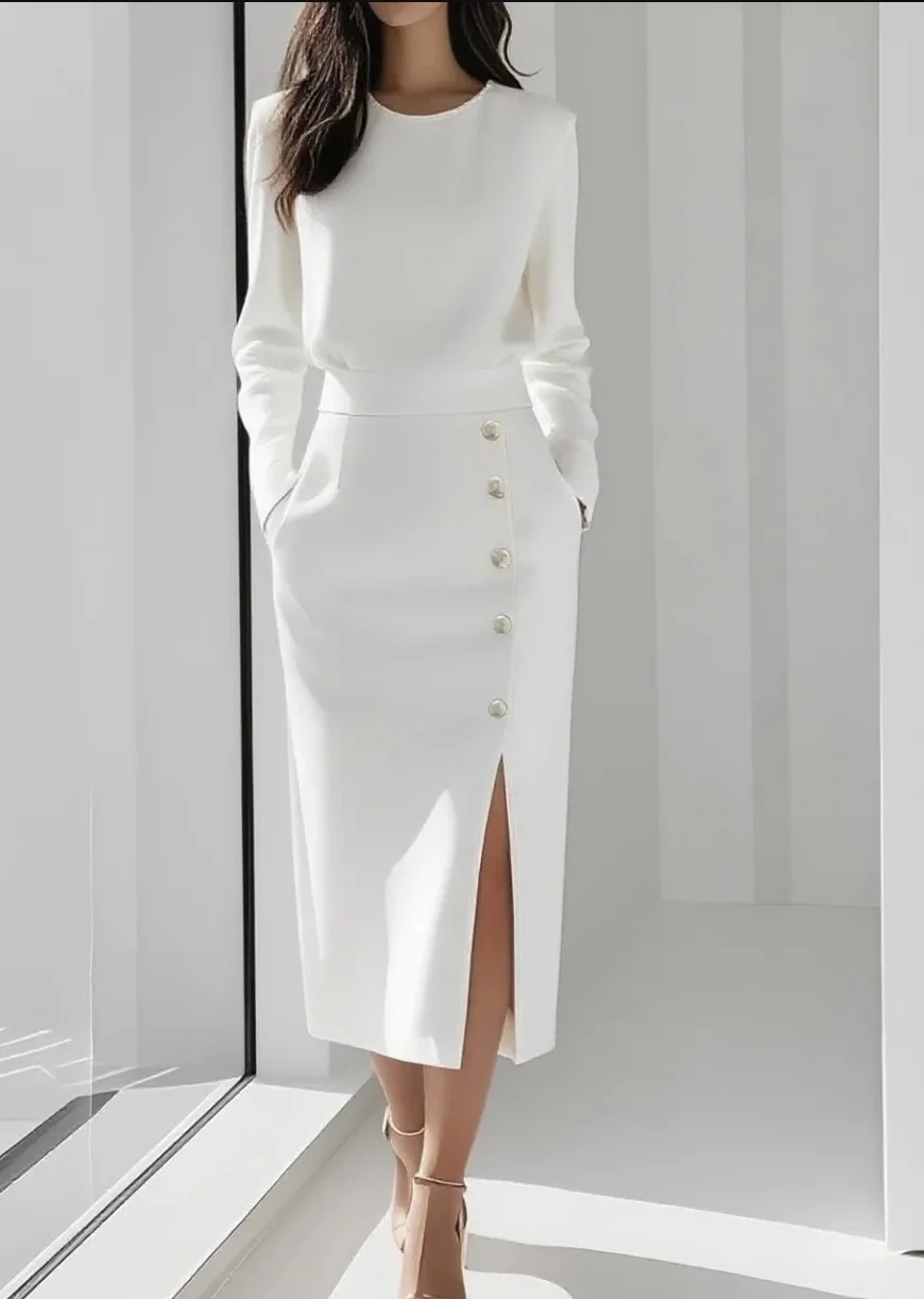 Women's Solid Color Long Sleeves Elegant Midi Dress with Button Details and Side Slit - Crew Neck - Image 4
