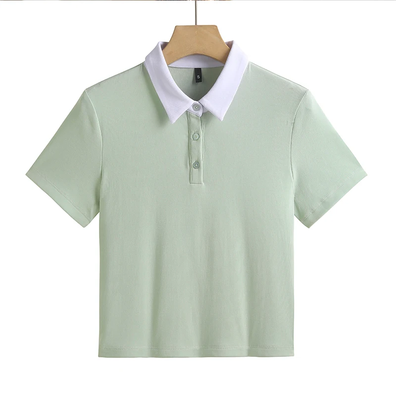 Summer New Cotton Polo Shirt Solid Color Polo Neck Short Sleeve High Waist Short Style Slim Fit Fashion Casual Women's Shirt - Image 9