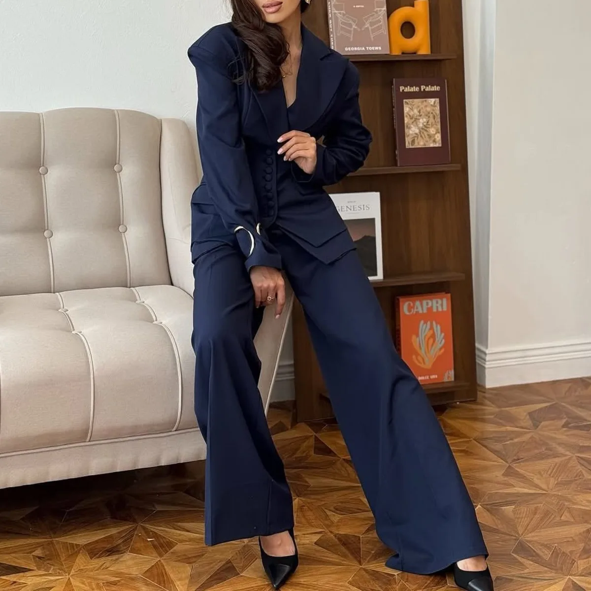 Women's 3-Piece Solid Trouser Set Notched Lapel Blazer Belted Relaxed High Quality Minimal Luxury Spring Autumn Casual - Image 3