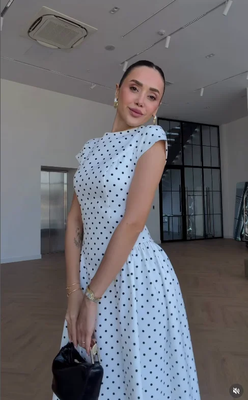 Women Elegant Polka Dot Midi Dress Casual V-neck Short Sleeve Belted Waist Puff Sleeve A Line Dresses Lady Summer Party Gowns - Image 9