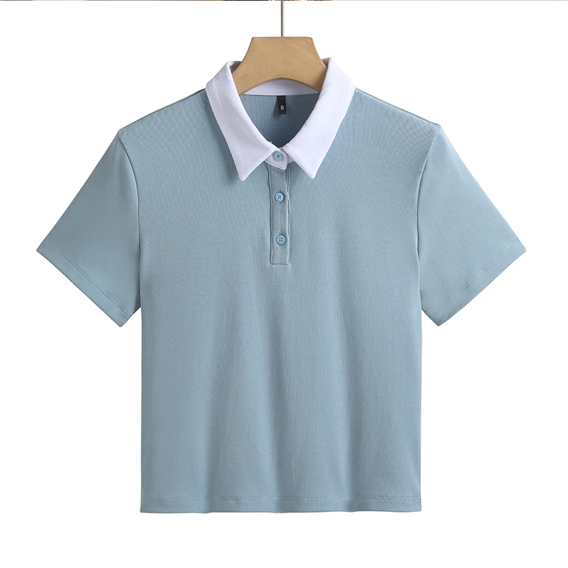 Summer New Cotton Polo Shirt Solid Color Polo Neck Short Sleeve High Waist Short Style Slim Fit Fashion Casual Women's Shirt - Image 10