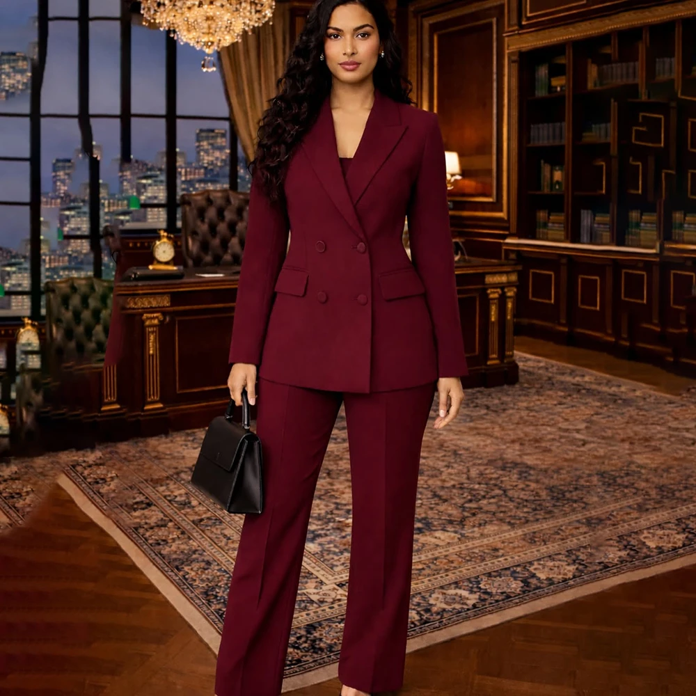 Burgundy Women’s Suits Fashion Double Breasted Blazer High Quality 2 Piece Jacket Pants Outfits Customzied Female Clothing