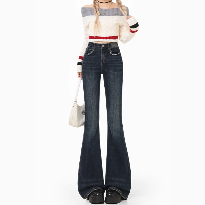 Brand New Sweet and Cool Retro Style High Waisted Flared Jeans With Pockets and Raw Edges Jeans - Image 6