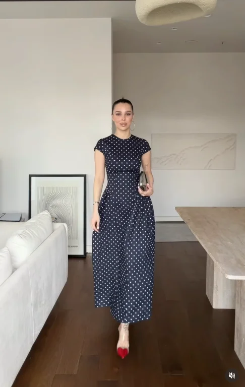 Women Elegant Polka Dot Midi Dress Casual V-neck Short Sleeve Belted Waist Puff Sleeve A Line Dresses Lady Summer Party Gowns - Image 24