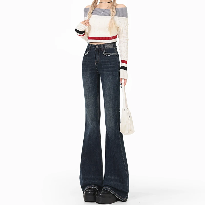 Brand New Sweet and Cool Retro Style High Waisted Flared Jeans With Pockets and Raw Edges Jeans - Image 3