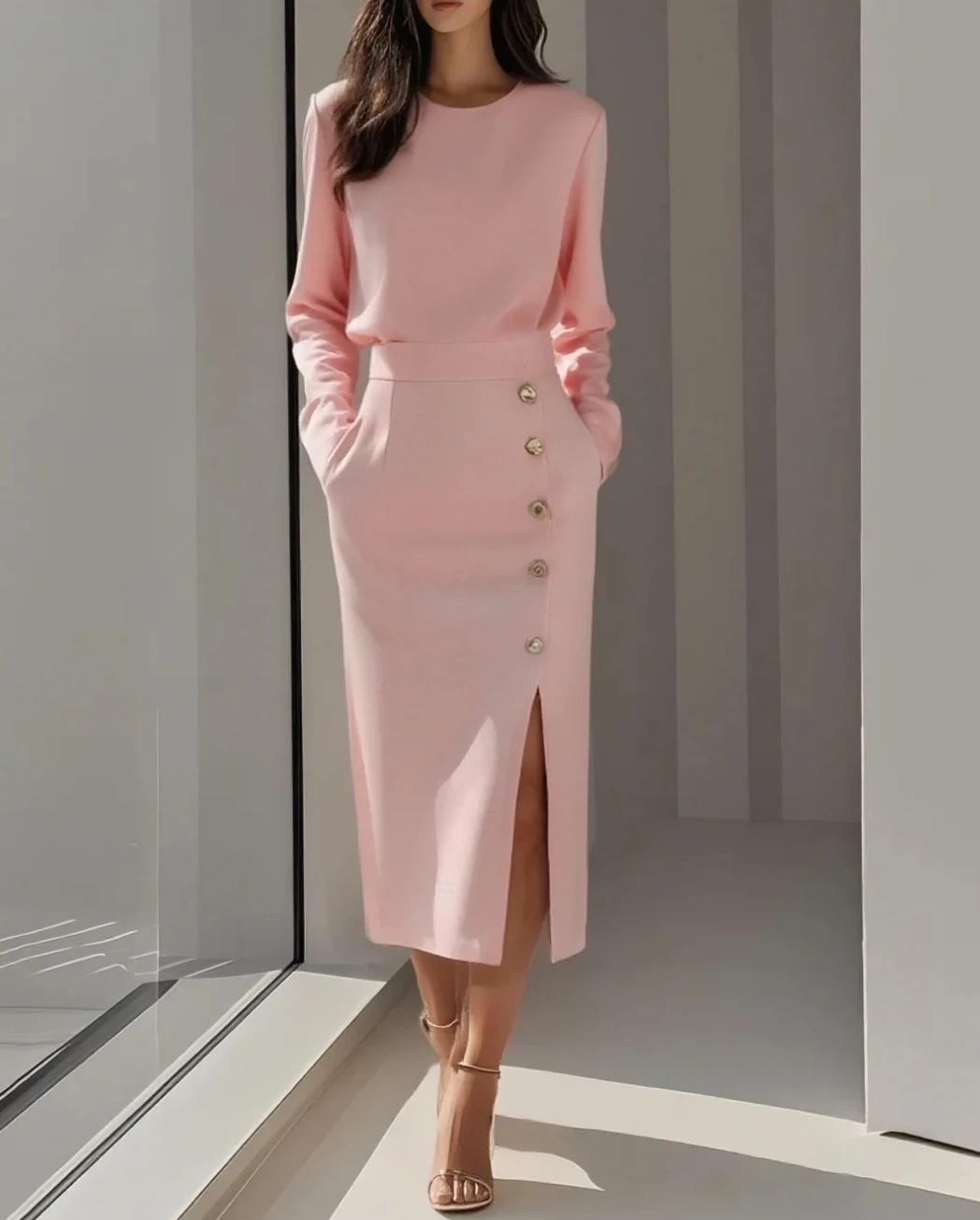 Women's Solid Color Long Sleeves Elegant Midi Dress with Button Details and Side Slit - Crew Neck - Image 3