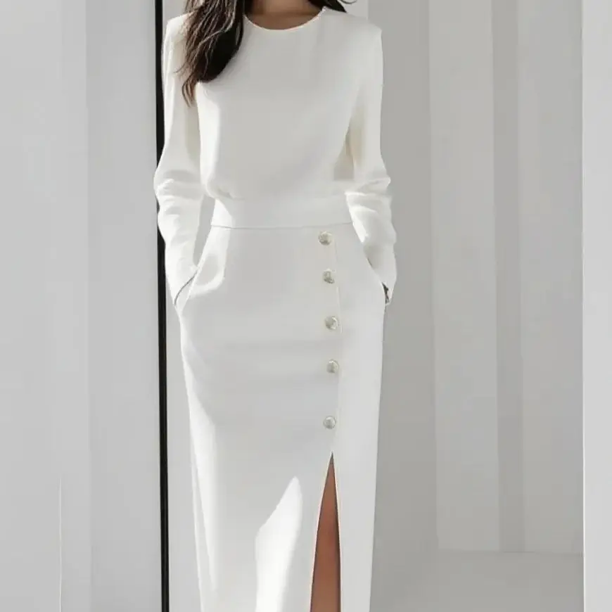 Women's Solid Color Long Sleeves Elegant Midi Dress with Button Details and Side Slit - Crew Neck - Image 5