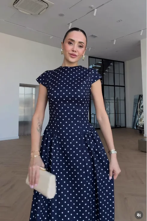 Women Elegant Polka Dot Midi Dress Casual V-neck Short Sleeve Belted Waist Puff Sleeve A Line Dresses Lady Summer Party Gowns - Image 27