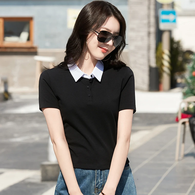 Summer New Cotton Polo Shirt Solid Color Polo Neck Short Sleeve High Waist Short Style Slim Fit Fashion Casual Women's Shirt - Image 6