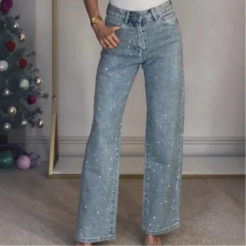 Brand New Straight Diamonds Pants Stretch High Waist Washed Mom Jeans Streetwear Vintage Denims Jeans