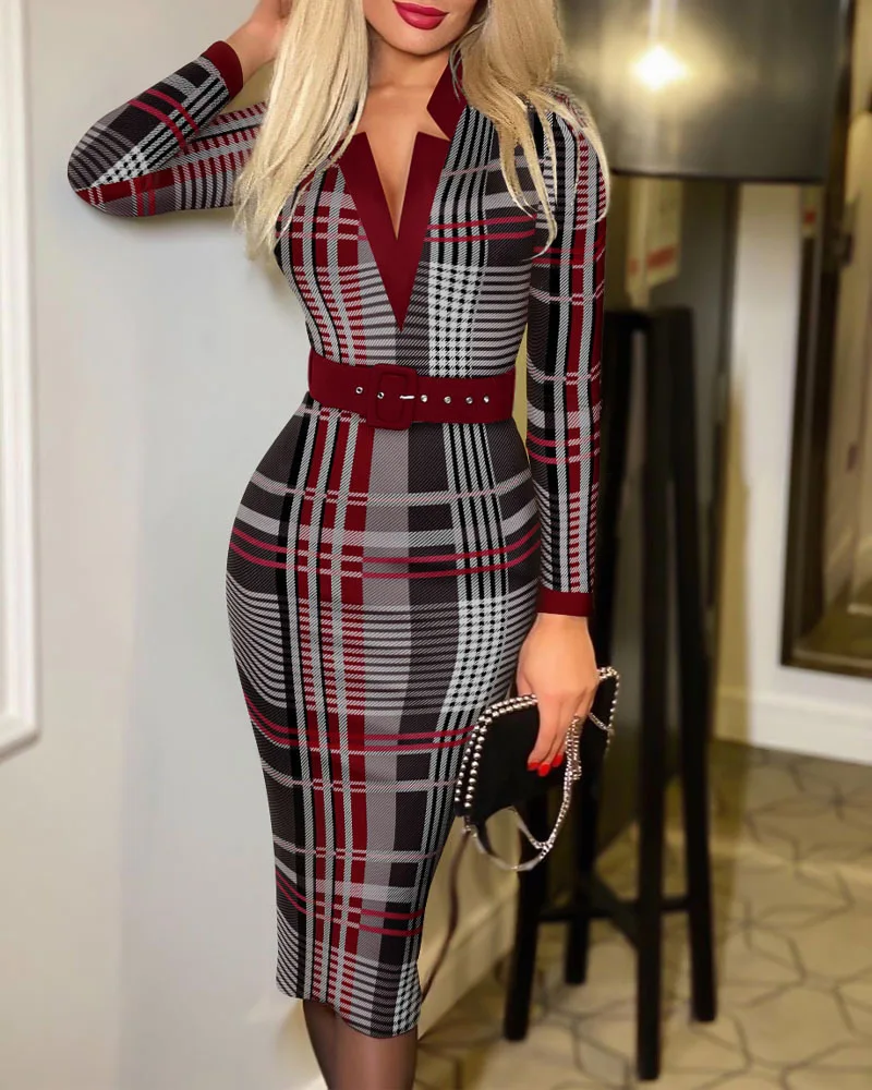 Sexy Geometric Pattern V-Neck Midi Pencil Dress with Belt – Long Sleeve Knit Bodycon for All Seasons