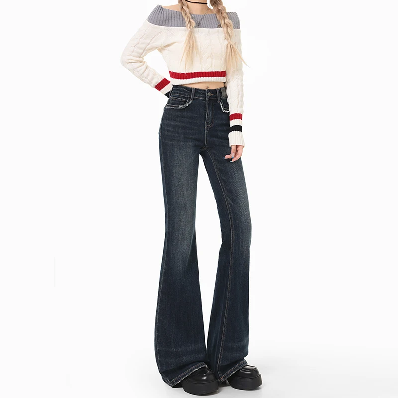 Brand New Sweet and Cool Retro Style High Waisted Flared Jeans With Pockets and Raw Edges Jeans - Image 2