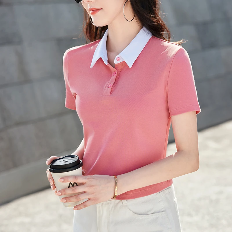 Summer New Cotton Polo Shirt Solid Color Polo Neck Short Sleeve High Waist Short Style Slim Fit Fashion Casual Women's Shirt