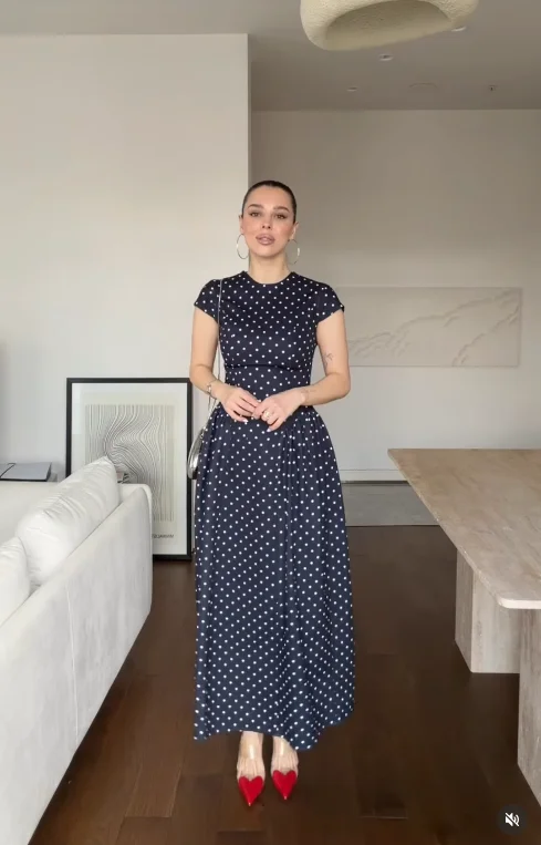 Women Elegant Polka Dot Midi Dress Casual V-neck Short Sleeve Belted Waist Puff Sleeve A Line Dresses Lady Summer Party Gowns - Image 21