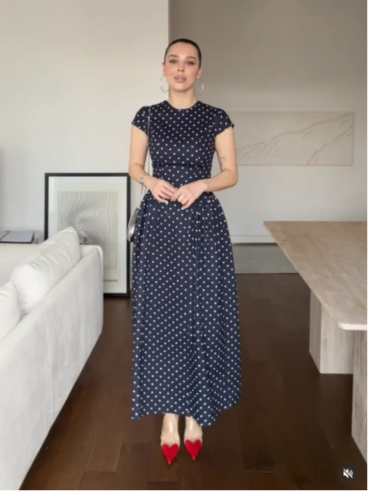 Women Elegant Polka Dot Midi Dress Casual V-neck Short Sleeve Belted Waist Puff Sleeve A Line Dresses Lady Summer Party Gowns - Image 6