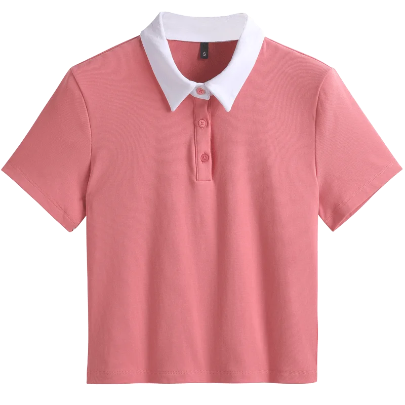 Summer New Cotton Polo Shirt Solid Color Polo Neck Short Sleeve High Waist Short Style Slim Fit Fashion Casual Women's Shirt - Image 2