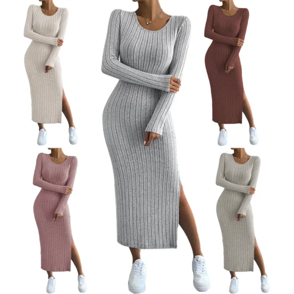 Maxi Casual Stripe U Neck Elastic Basic Split Full Length Long Knitted Dresses - Image 9
