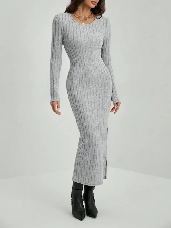 Maxi Casual Stripe U Neck Elastic Basic Split Full Length Long Knitted Dresses - Image 2