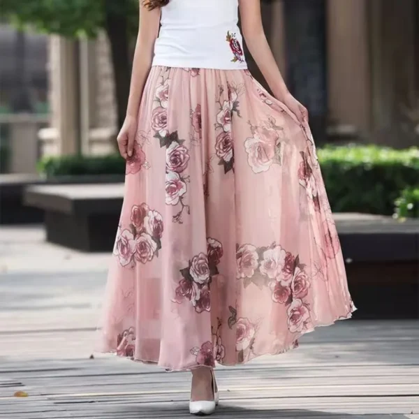 New Elegant A-Line Full Length Chic Chiffon Floral Print Skirt - Image 3