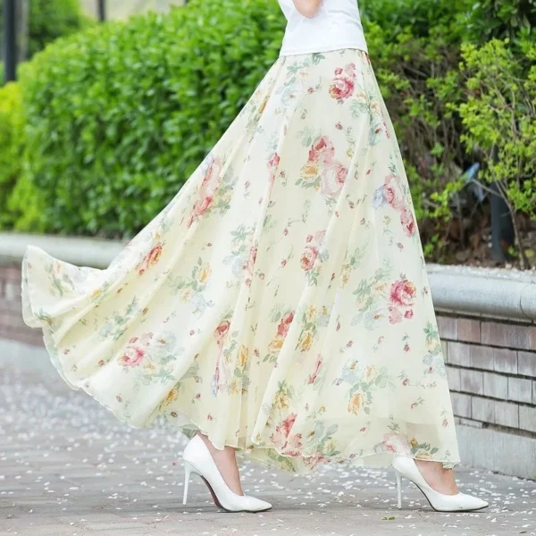 New Elegant A-Line Full Length Chic Chiffon Floral Print Skirt - Image 12
