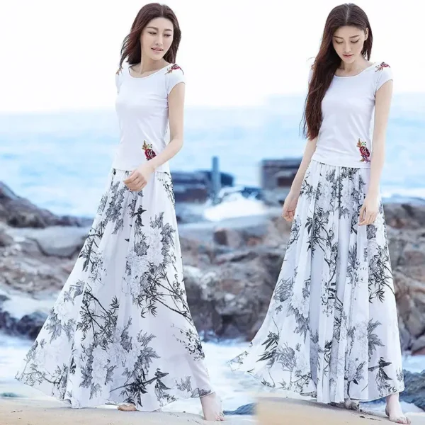 New Elegant A-Line Full Length Chic Chiffon Floral Print Skirt - Image 17