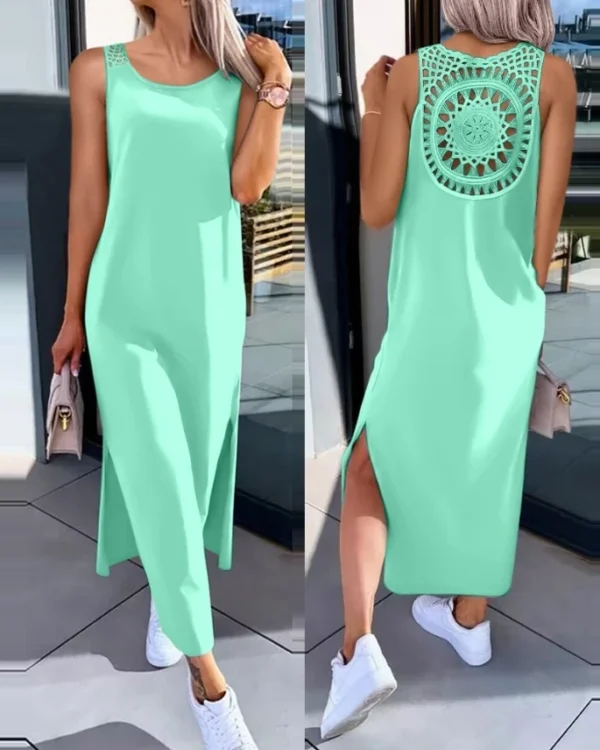Summer Daily Straight Mid-Calf Casual Plain Round Neck Sleeveless Dress - Image 8