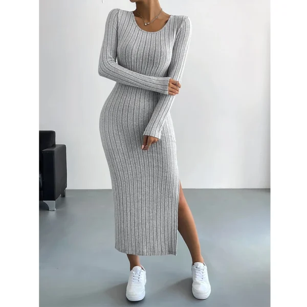 Maxi Casual Stripe U Neck Elastic Basic Split Full Length Long Knitted Dresses