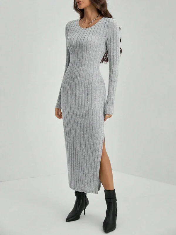 Maxi Casual Stripe U Neck Elastic Basic Split Full Length Long Knitted Dresses - Image 3