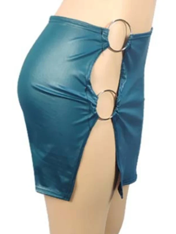 PU Imitation Leather Slim Split Metal Ring Side Mini Club Party Skirt - Image 5