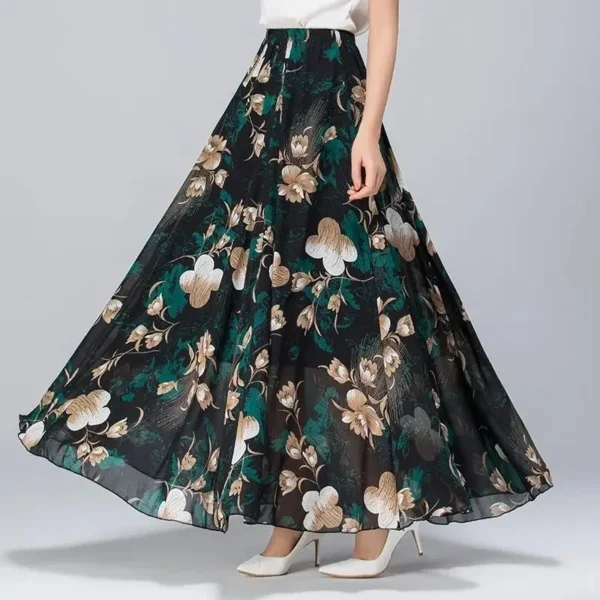 New Elegant A-Line Full Length Chic Chiffon Floral Print Skirt - Image 5
